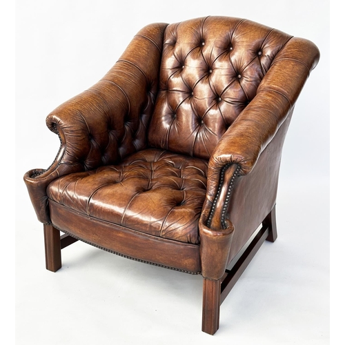 111 - LIBRARY ARMCHAIR, Georgian design, deep buttoned soft tan leather, studded upholstered with double s... 