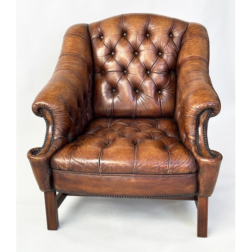 111 - LIBRARY ARMCHAIR, Georgian design, deep buttoned soft tan leather, studded upholstered with double s... 