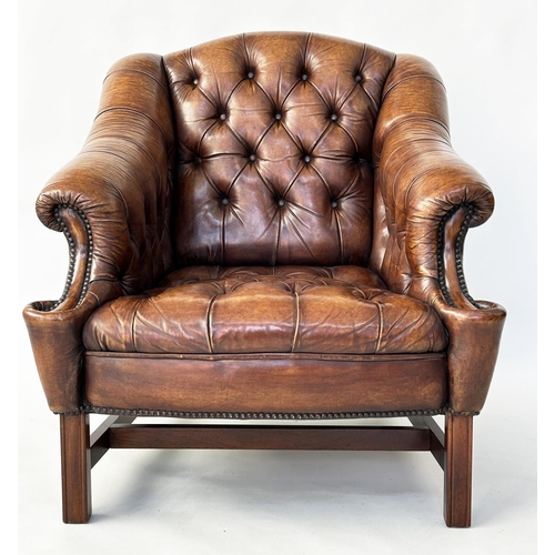 111 - LIBRARY ARMCHAIR, Georgian design, deep buttoned soft tan leather, studded upholstered with double s... 