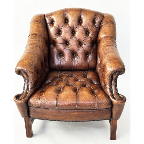 111 - LIBRARY ARMCHAIR, Georgian design, deep buttoned soft tan leather, studded upholstered with double s... 