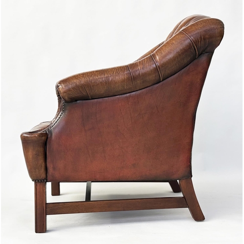 111 - LIBRARY ARMCHAIR, Georgian design, deep buttoned soft tan leather, studded upholstered with double s... 