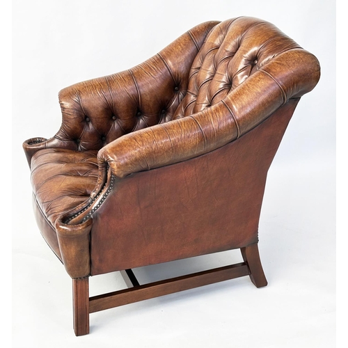 111 - LIBRARY ARMCHAIR, Georgian design, deep buttoned soft tan leather, studded upholstered with double s... 