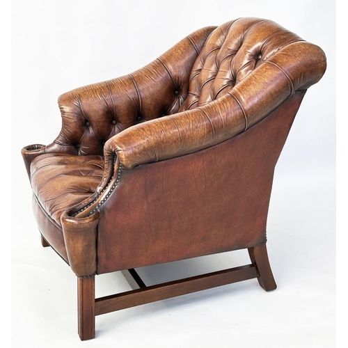 111 - LIBRARY ARMCHAIR, Georgian design, deep buttoned soft tan leather, studded upholstered with double s... 