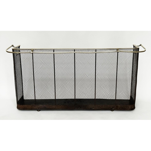 112 - NURSERY FENDER, early 20th century wrought iron and mesh with brass rail fitting, 153cm W x 38cm D x... 