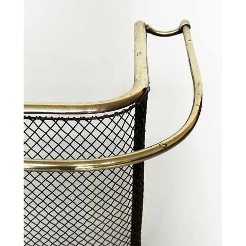 112 - NURSERY FENDER, early 20th century wrought iron and mesh with brass rail fitting, 153cm W x 38cm D x... 