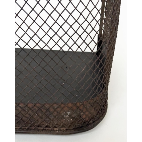 112 - NURSERY FENDER, early 20th century wrought iron and mesh with brass rail fitting, 153cm W x 38cm D x... 