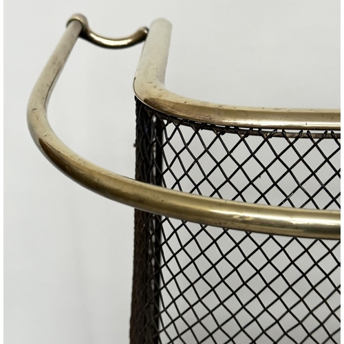 112 - NURSERY FENDER, early 20th century wrought iron and mesh with brass rail fitting, 153cm W x 38cm D x... 