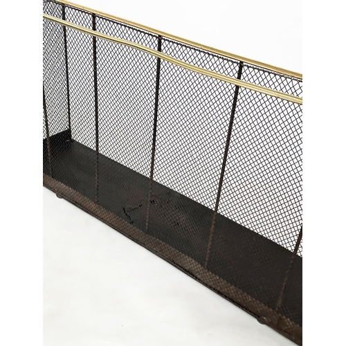 112 - NURSERY FENDER, early 20th century wrought iron and mesh with brass rail fitting, 153cm W x 38cm D x... 