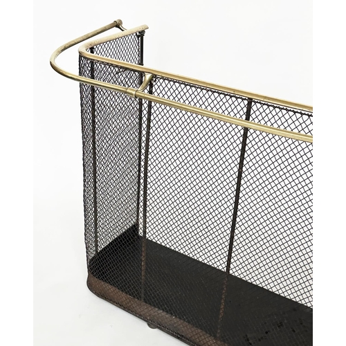 112 - NURSERY FENDER, early 20th century wrought iron and mesh with brass rail fitting, 153cm W x 38cm D x... 