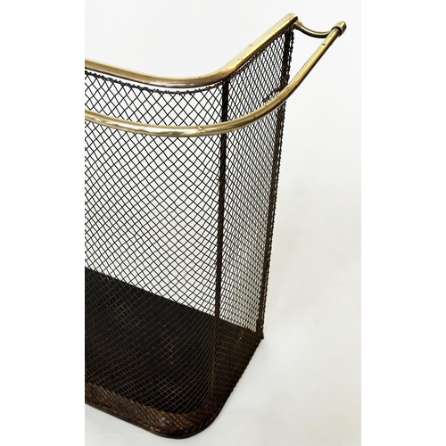 112 - NURSERY FENDER, early 20th century wrought iron and mesh with brass rail fitting, 153cm W x 38cm D x... 