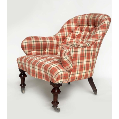 116 - SLIPPER ARMCHAIR, 19th aesthetic century mahogany framed with buttoned check upholstery, rounded bac... 