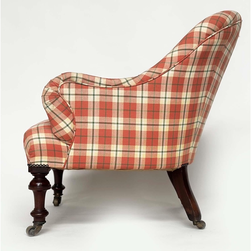 116 - SLIPPER ARMCHAIR, 19th aesthetic century mahogany framed with buttoned check upholstery, rounded bac... 