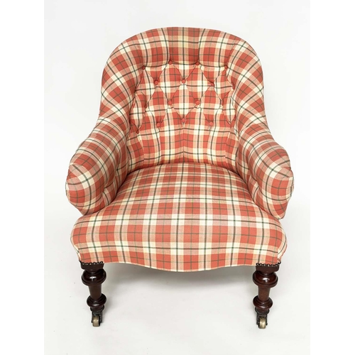 116 - SLIPPER ARMCHAIR, 19th aesthetic century mahogany framed with buttoned check upholstery, rounded bac... 