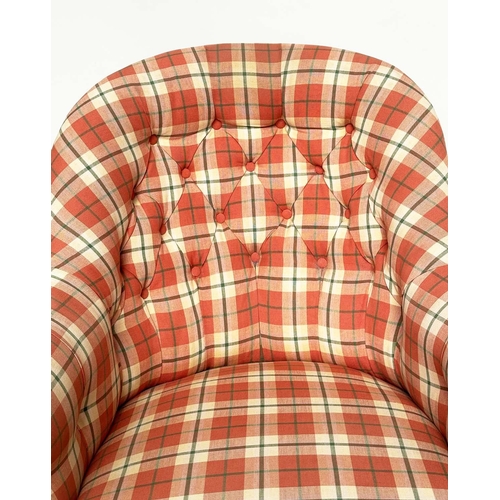 116 - SLIPPER ARMCHAIR, 19th aesthetic century mahogany framed with buttoned check upholstery, rounded bac... 