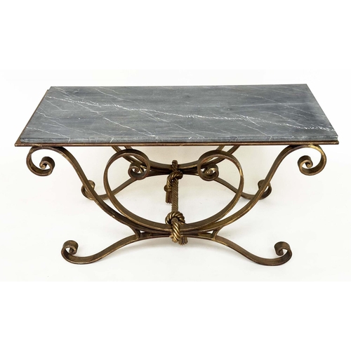 120 - LOW TABLE, early 20th century Spanish rectangular striated fossil marble on wrought iron gilt highli... 