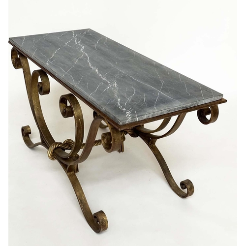 120 - LOW TABLE, early 20th century Spanish rectangular striated fossil marble on wrought iron gilt highli... 