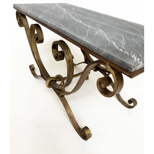 120 - LOW TABLE, early 20th century Spanish rectangular striated fossil marble on wrought iron gilt highli... 