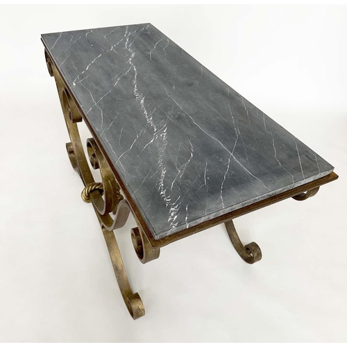 120 - LOW TABLE, early 20th century Spanish rectangular striated fossil marble on wrought iron gilt highli... 