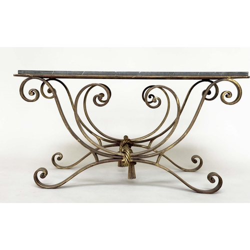 120 - LOW TABLE, early 20th century Spanish rectangular striated fossil marble on wrought iron gilt highli... 