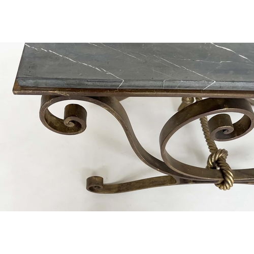 120 - LOW TABLE, early 20th century Spanish rectangular striated fossil marble on wrought iron gilt highli... 