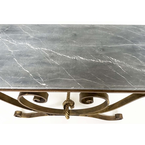 120 - LOW TABLE, early 20th century Spanish rectangular striated fossil marble on wrought iron gilt highli... 