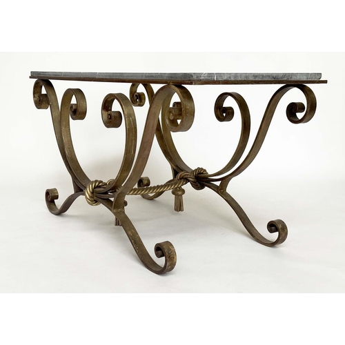 120 - LOW TABLE, early 20th century Spanish rectangular striated fossil marble on wrought iron gilt highli... 