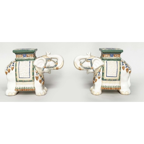 122 - ELEPHANT STOOLS, a pair, Indian ceramic polychrome of elephants in ceremonial regalia with seats. (2... 