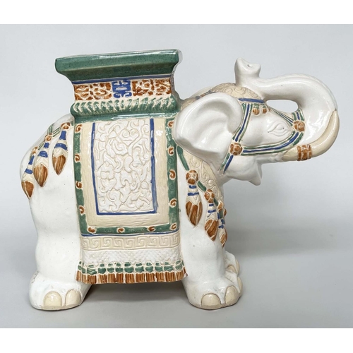 122 - ELEPHANT STOOLS, a pair, Indian ceramic polychrome of elephants in ceremonial regalia with seats. (2... 