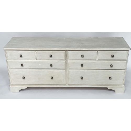 123 - LOW CHEST, George III design traditionally grey painted with an arrangement of eight drawers and bra... 