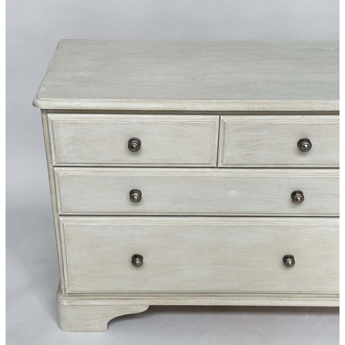 123 - LOW CHEST, George III design traditionally grey painted with an arrangement of eight drawers and bra... 