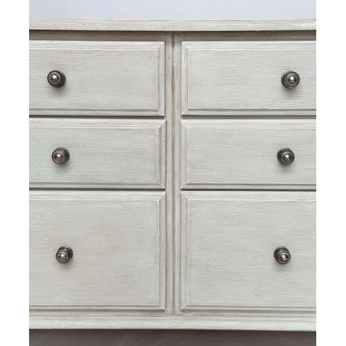 123 - LOW CHEST, George III design traditionally grey painted with an arrangement of eight drawers and bra... 