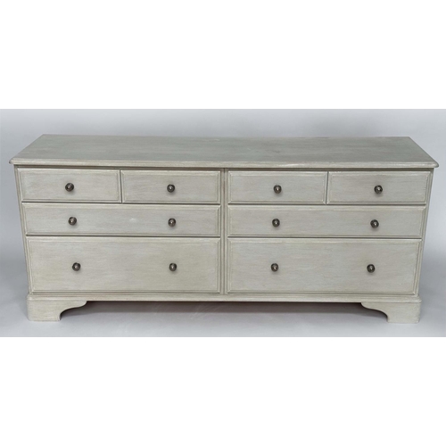 123 - LOW CHEST, George III design traditionally grey painted with an arrangement of eight drawers and bra... 