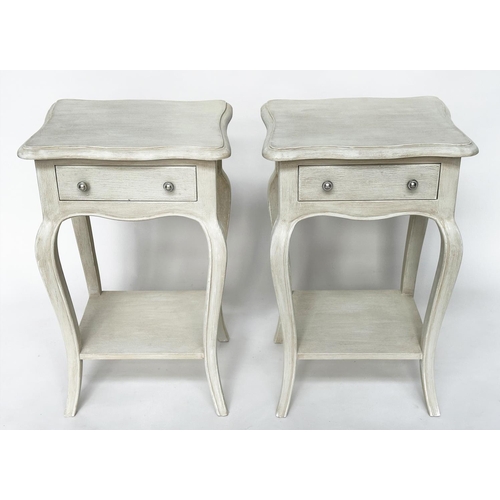 125 - BEDSIDE/LAMP TABLES, a pair, French Louis XV style traditionally grey painted each with drawer and c... 