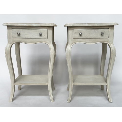 125 - BEDSIDE/LAMP TABLES, a pair, French Louis XV style traditionally grey painted each with drawer and c... 