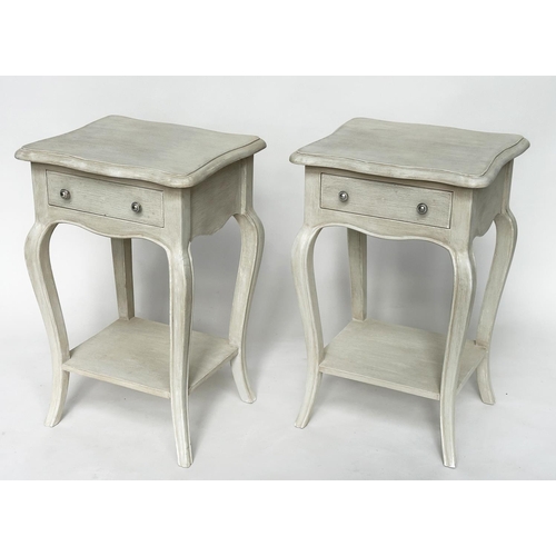 125 - BEDSIDE/LAMP TABLES, a pair, French Louis XV style traditionally grey painted each with drawer and c... 