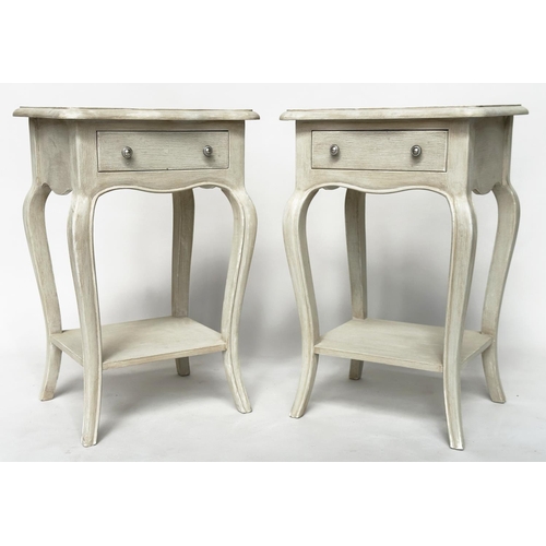 125 - BEDSIDE/LAMP TABLES, a pair, French Louis XV style traditionally grey painted each with drawer and c... 