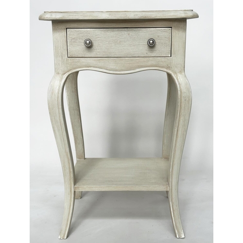 125 - BEDSIDE/LAMP TABLES, a pair, French Louis XV style traditionally grey painted each with drawer and c... 