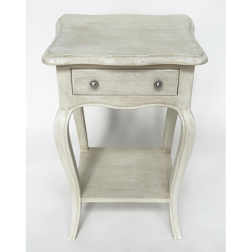 125 - BEDSIDE/LAMP TABLES, a pair, French Louis XV style traditionally grey painted each with drawer and c... 