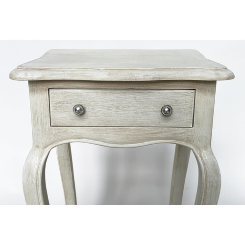 125 - BEDSIDE/LAMP TABLES, a pair, French Louis XV style traditionally grey painted each with drawer and c... 