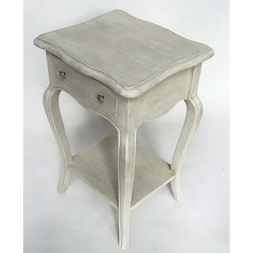 125 - BEDSIDE/LAMP TABLES, a pair, French Louis XV style traditionally grey painted each with drawer and c... 