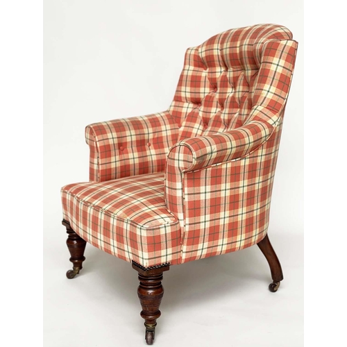 126 - ARMCHAIR, Victorian mahogany line check button, upholstery with scroll arms and turned supports, 73c... 