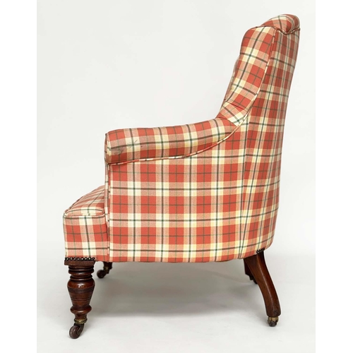 126 - ARMCHAIR, Victorian mahogany line check button, upholstery with scroll arms and turned supports, 73c... 