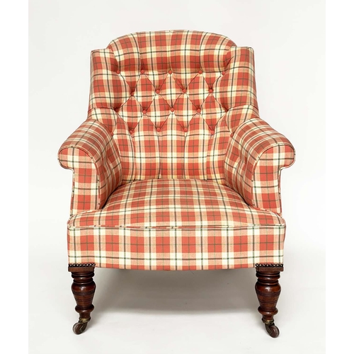 126 - ARMCHAIR, Victorian mahogany line check button, upholstery with scroll arms and turned supports, 73c... 