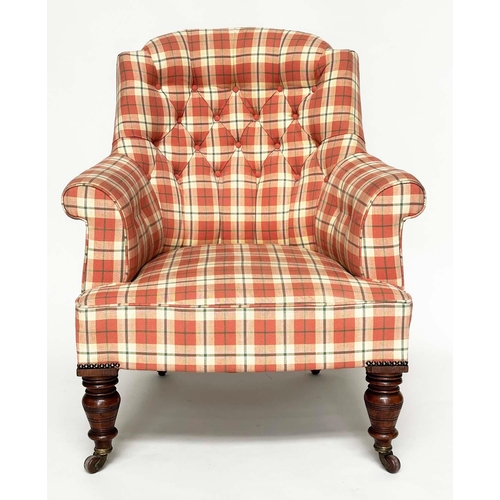 126 - ARMCHAIR, Victorian mahogany line check button, upholstery with scroll arms and turned supports, 73c... 