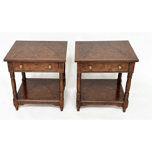 128 - LAMP TABLES, a pair, George III style burr walnut and crossbanded each with drawer and undertier, 50... 