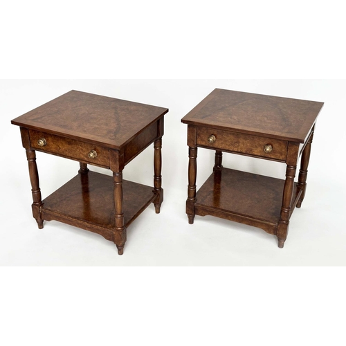 128 - LAMP TABLES, a pair, George III style burr walnut and crossbanded each with drawer and undertier, 50... 