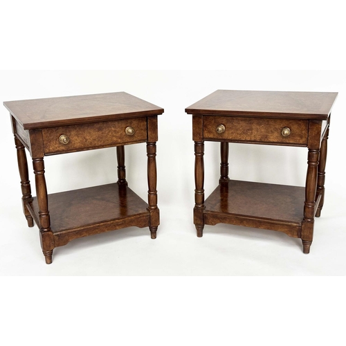 128 - LAMP TABLES, a pair, George III style burr walnut and crossbanded each with drawer and undertier, 50... 