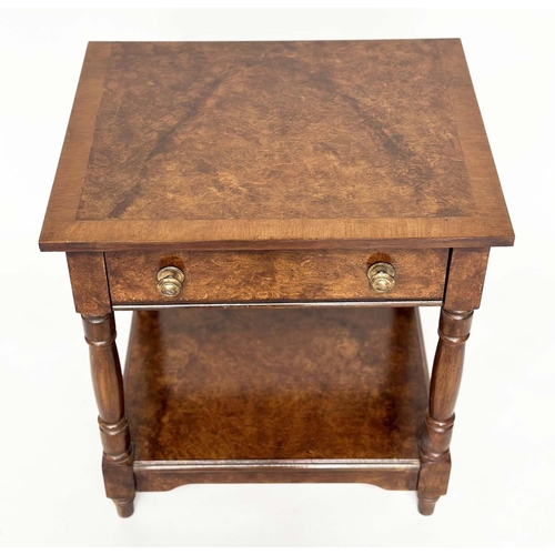 128 - LAMP TABLES, a pair, George III style burr walnut and crossbanded each with drawer and undertier, 50... 