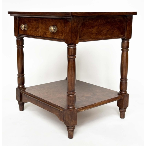 128 - LAMP TABLES, a pair, George III style burr walnut and crossbanded each with drawer and undertier, 50... 