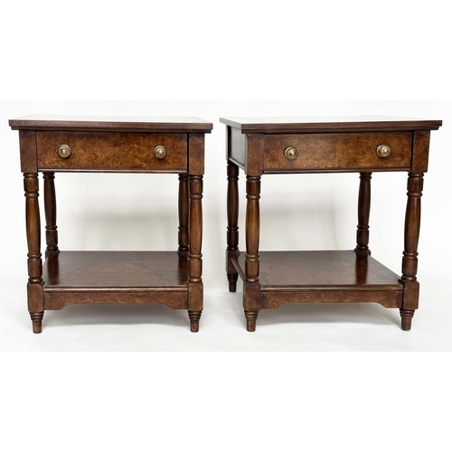 128 - LAMP TABLES, a pair, George III style burr walnut and crossbanded each with drawer and undertier, 50... 